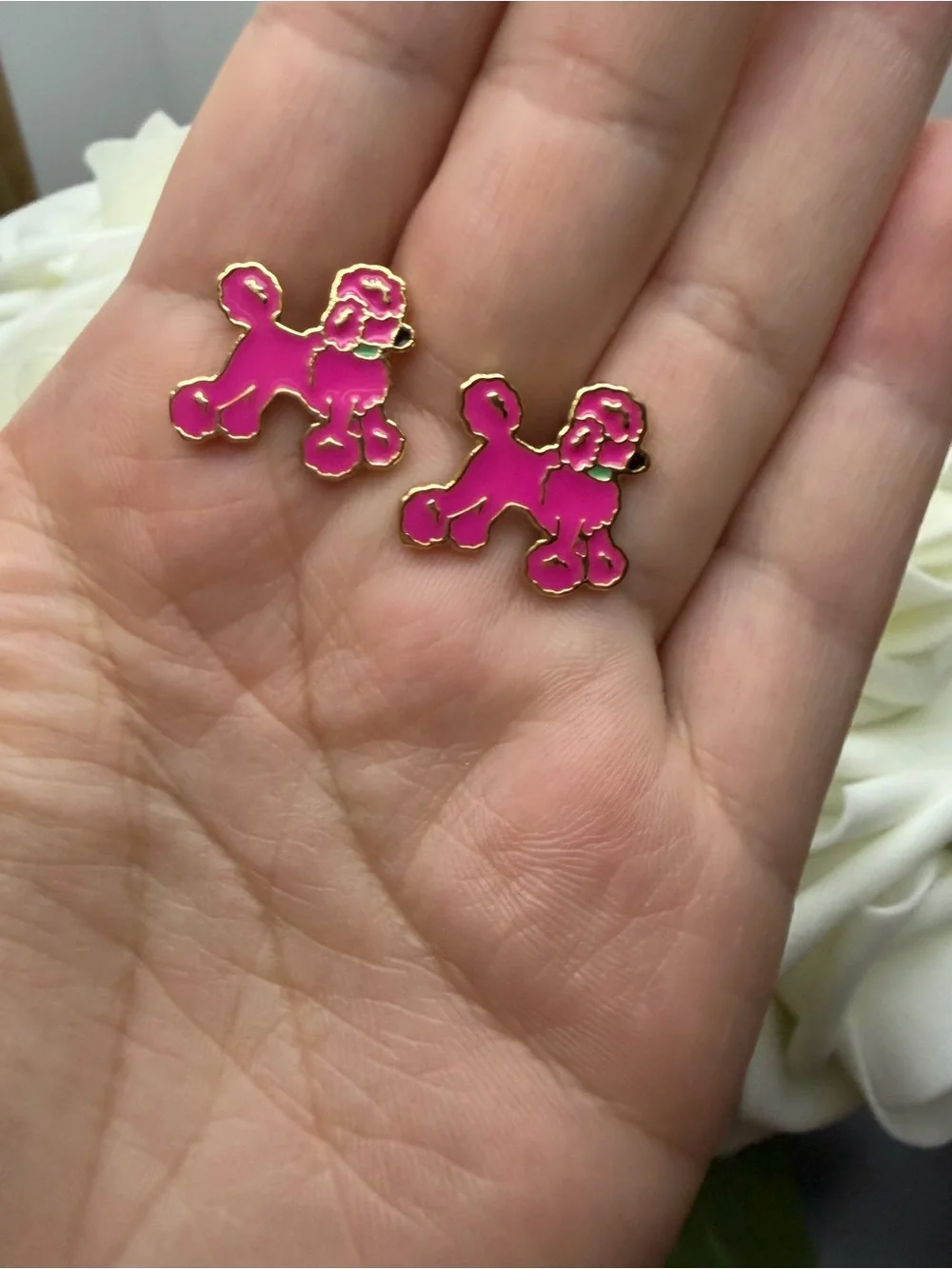 Pink Poodle Stud Earrings - Gold Trim